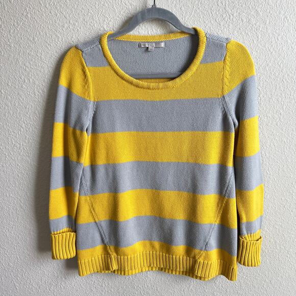 Gap Striped A-Line Sweater Women's S Rain Slicker Yellow Gray Knit Fold Cuff - Picture 1 of 7